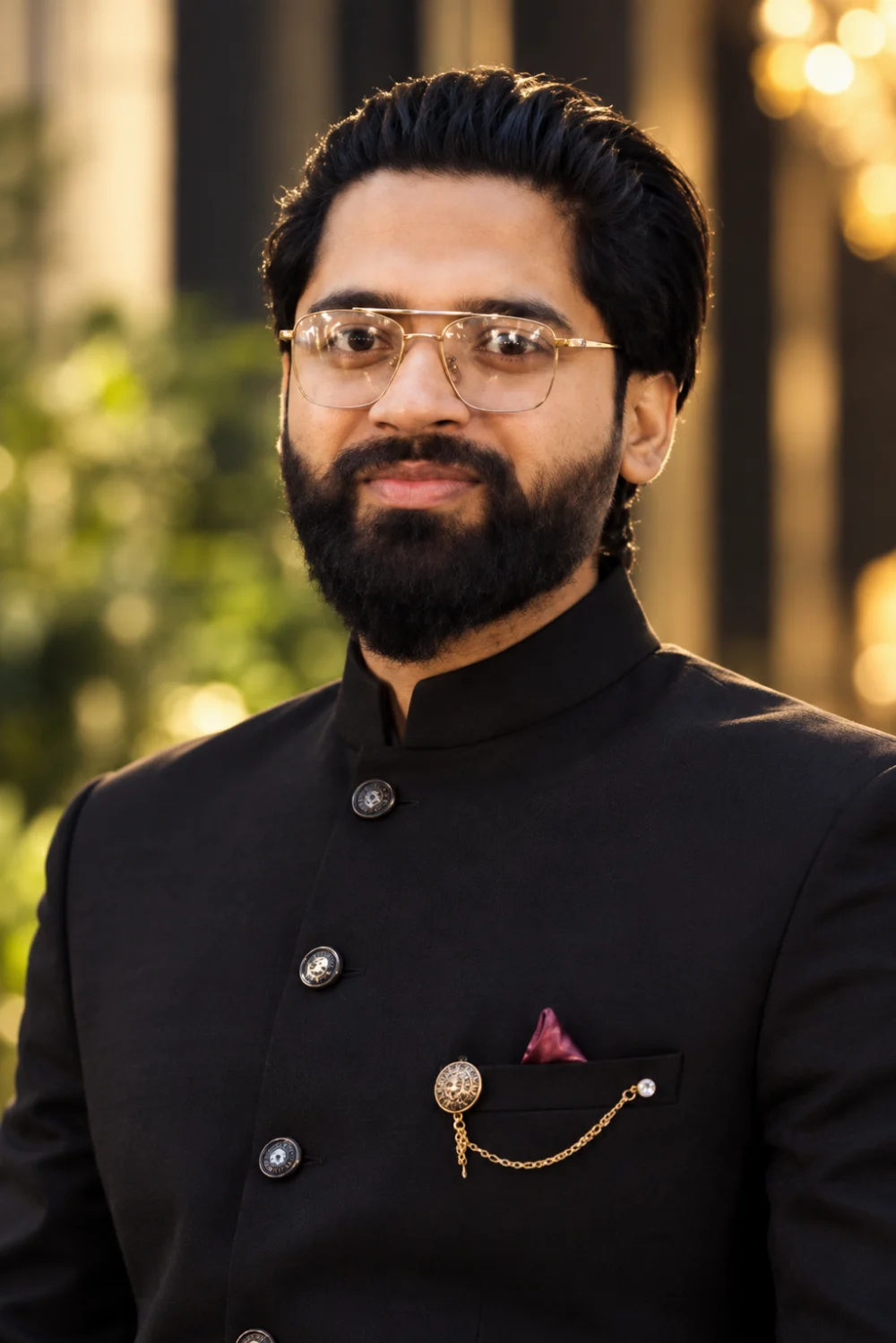 Radheshyam in a dark bandhgala jacket and gold-rimmed glasses, surrounded by warm light