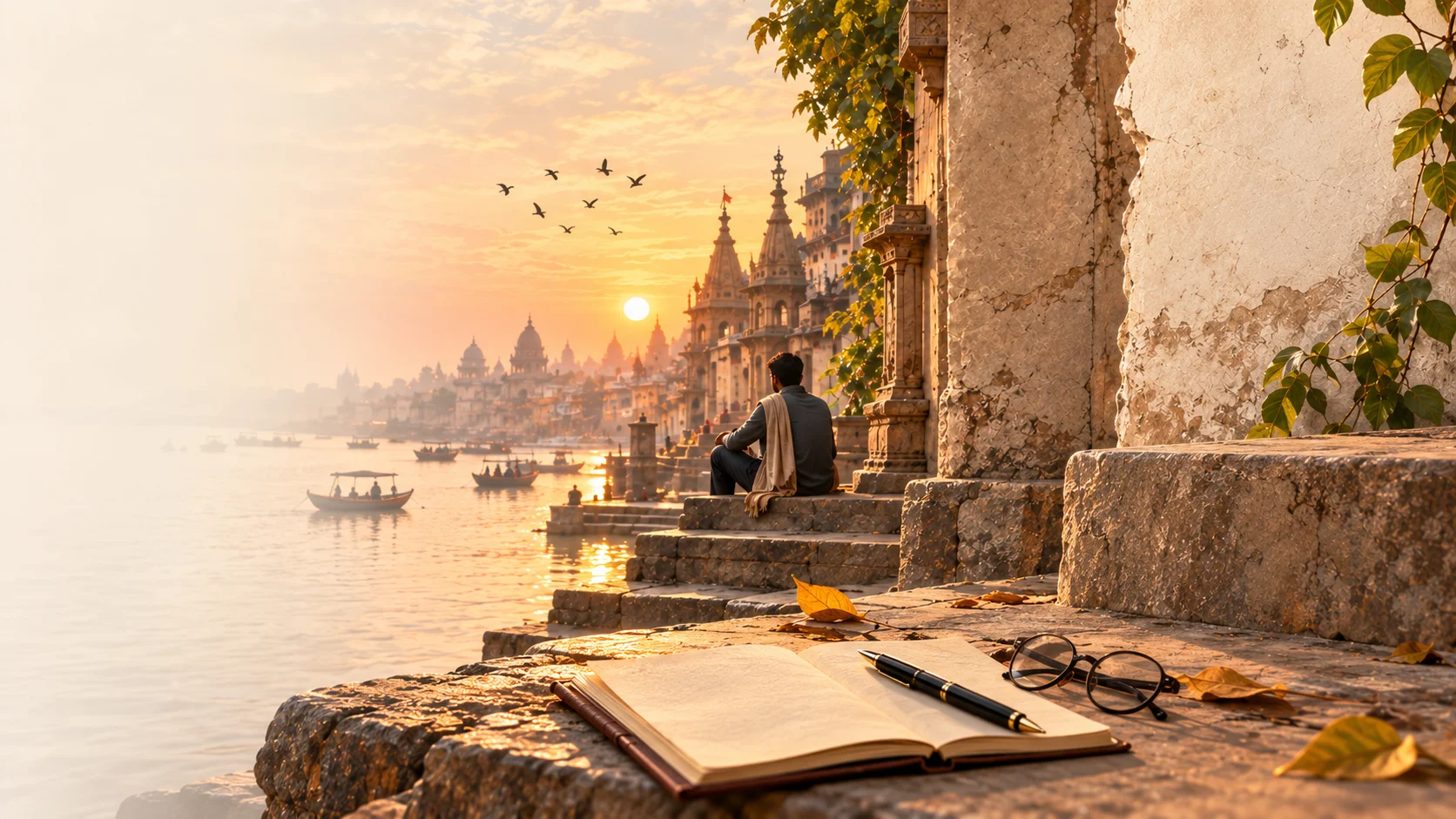 Golden sunlight over Indian riverside ghats, a reader on stone steps, and a notebook with a fountain pen and glasses in the foreground